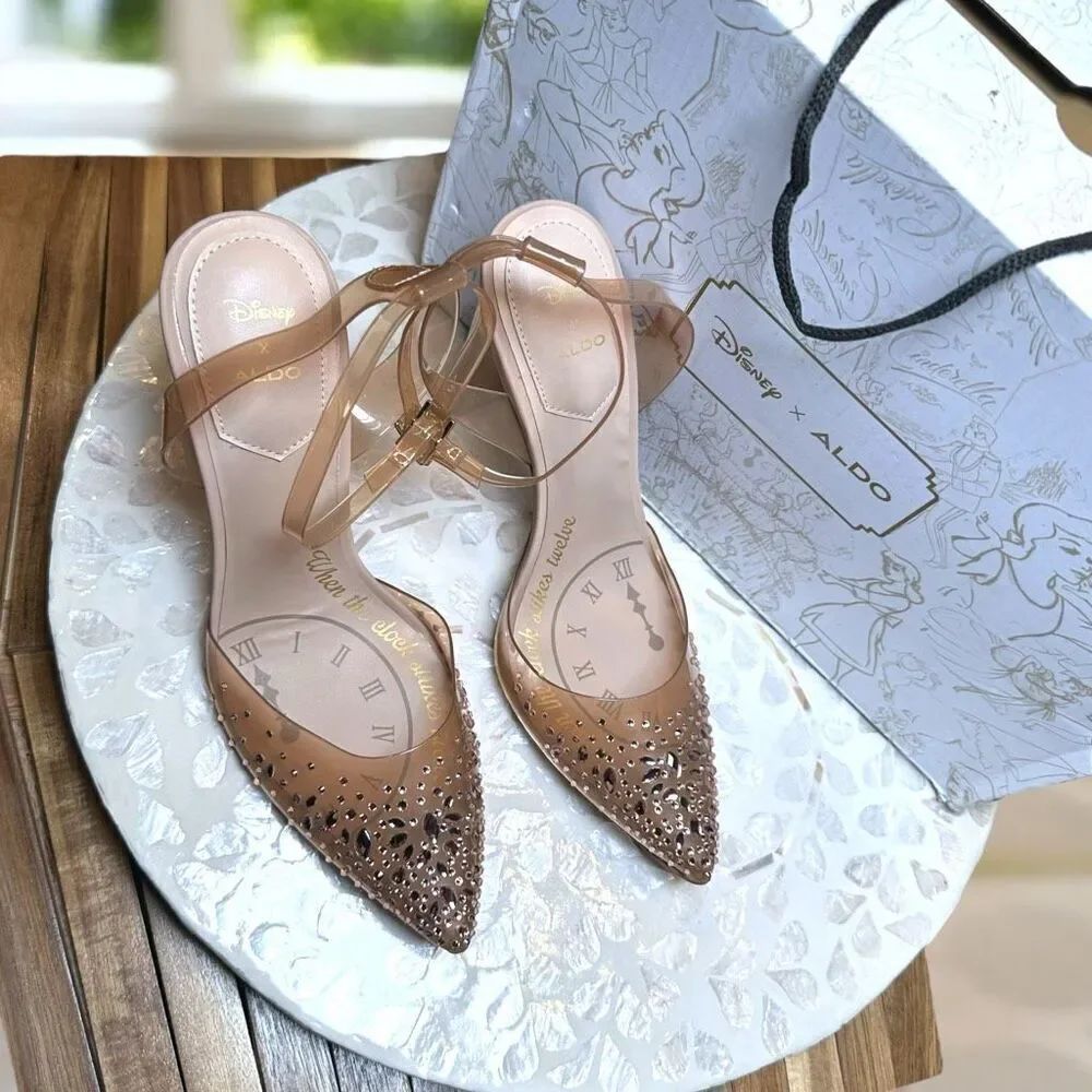 Disney x ALDO Glass Slipper Heels Clear Rhinestone Cinderella Pumps Bone Size 7.